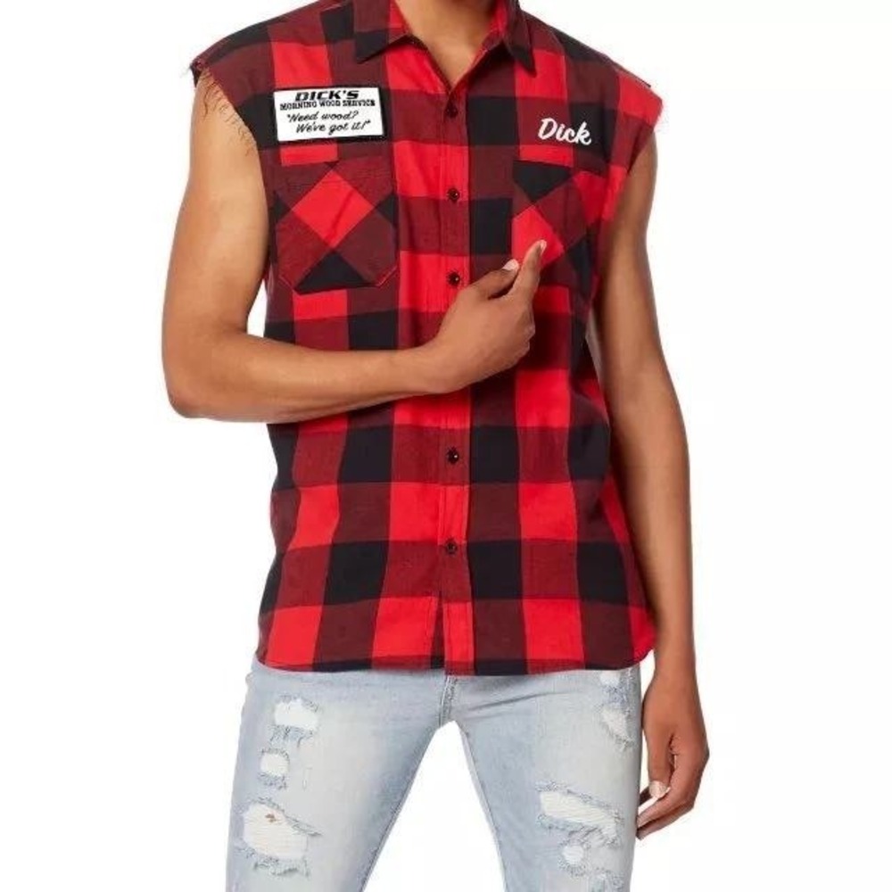 Spirit Halloween Dicks Morning Wood Service Flannel Sleeveless Plaid Shirt Men L